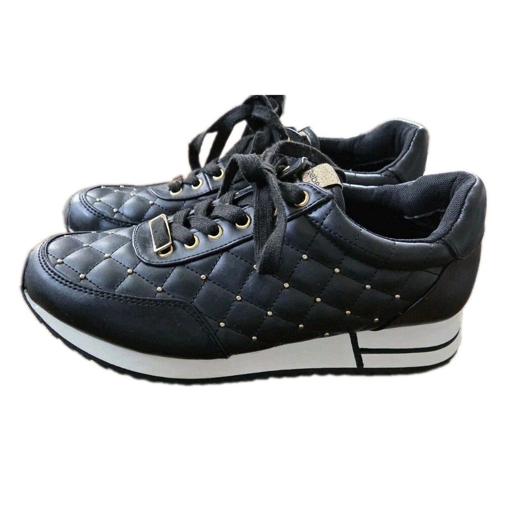 bebe Barkley Women's Black Quilted Lace-Up Low Top Sneakers w/ Logo Studs -Sz 10